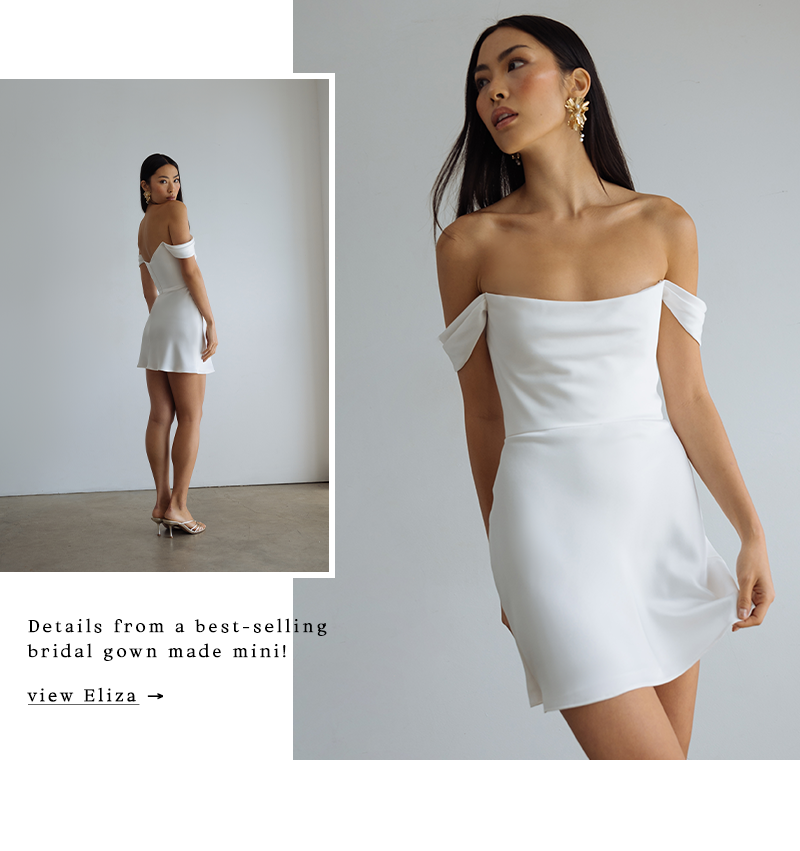 Woman wearing an off-the-shoulder white mini dress, standing confidently. Gold earrings add elegance. Text highlights bridal gown details.