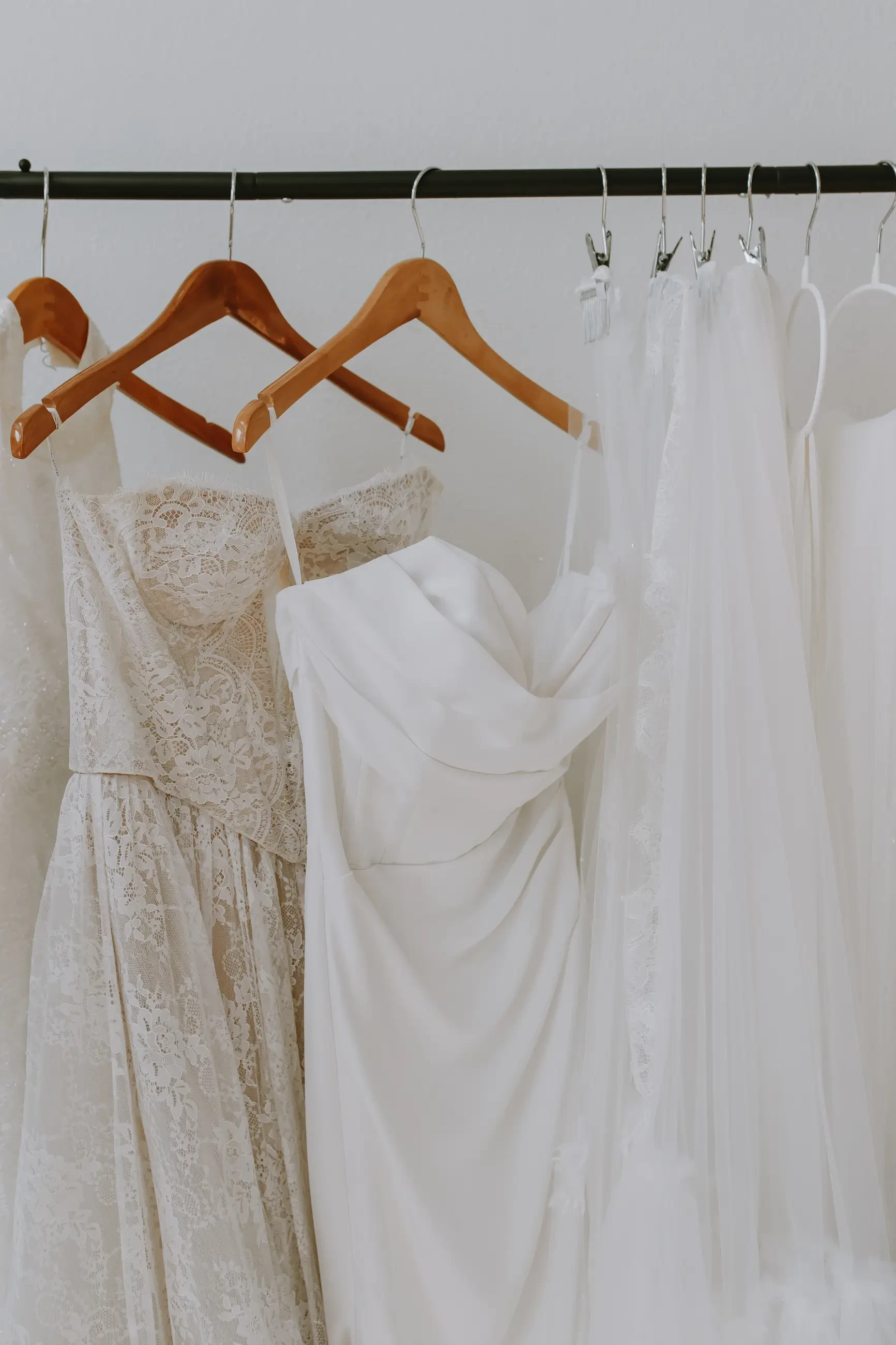 image shows a rack of bridal gown