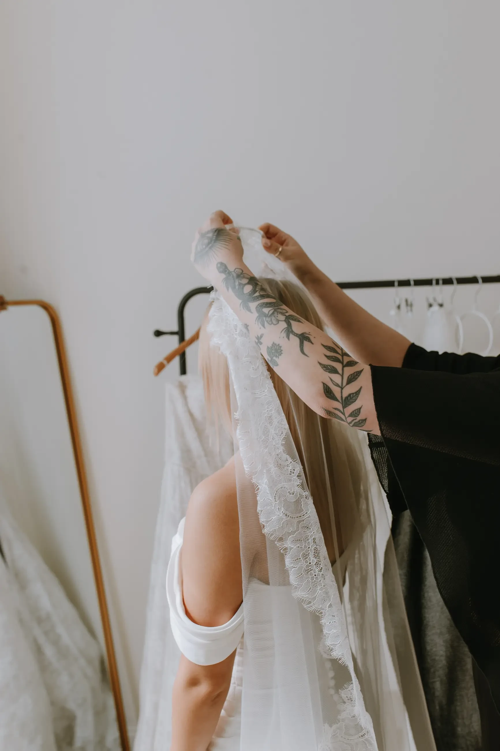 bride trying on a veil