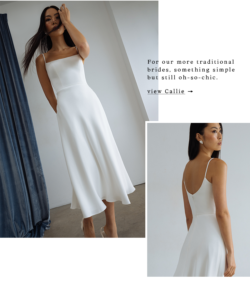 A woman models a simple, elegant white dress with a square neckline and flowing skirt. Text reads, 
