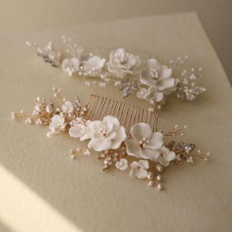 Sarah Grace Handmade Alloy Leaf Rhinestone Ceram Flower Freshwater Pearls Bridal Hair Comb - Sarah Grace #4 Gold thumbnail