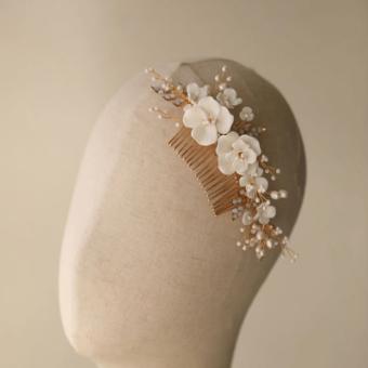 Sarah Grace Handmade Alloy Leaf Rhinestone Ceram Flower Freshwater Pearls Bridal Hair Comb - Sarah Grace #6 Gold thumbnail