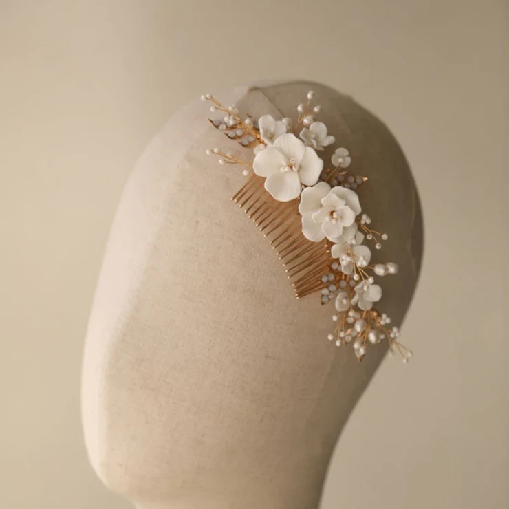 Sarah Grace Handmade Alloy Leaf Rhinestone Ceram Flower Freshwater Pearls Bridal Hair Comb - Sarah Grace #6 Gold picture