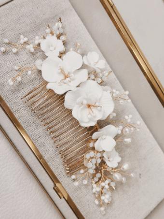 Sarah Grace Handmade Alloy Leaf Rhinestone Ceram Flower Freshwater Pearls Bridal Hair Comb - Sarah Grace #3 Gold thumbnail