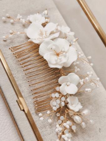 Sarah Grace Handmade Alloy Leaf Rhinestone Ceram Flower Freshwater Pearls Bridal Hair Comb - Sarah Grace #2 Gold thumbnail
