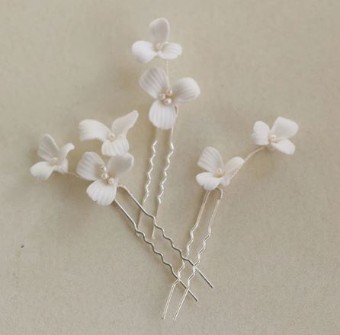 Sarah Grace Handmade Ceramic Flower Freshwater Pearls Hair Pin Set - Sarah Grace $1 Silver thumbnail