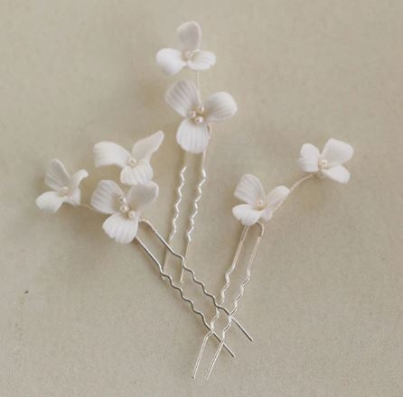 Sarah Grace Handmade Ceramic Flower Freshwater Pearls Hair Pin Set - Sarah Grace #1 Silver picture
