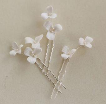 Sarah Grace Handmade Ceramic Flower Freshwater Pearls Hair Pin Set - Sarah Grace #1 Silver thumbnail