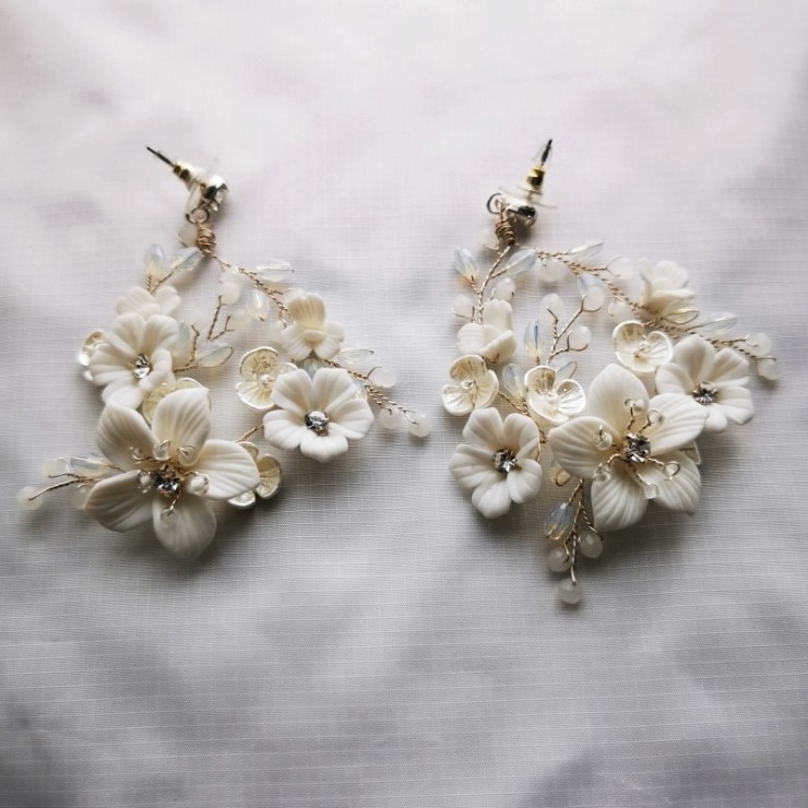 Sarah Grace Handmade White Porcelain Flower Bridal Earrings - Sarah Grace #1 Silver picture