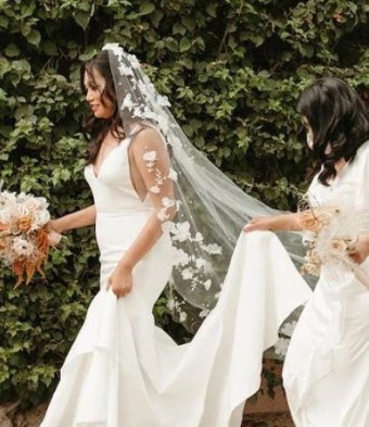Sarah Grace 3D Flowers Wedding Veil with Pearls - Sarah Grace #0 default Ivory thumbnail