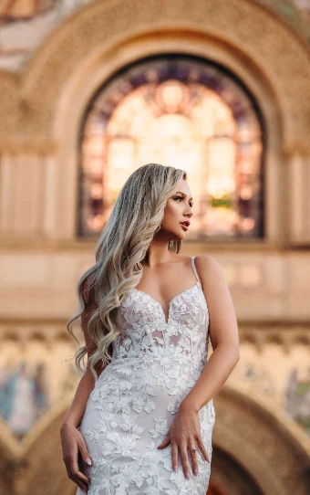 Stella York 7591 #12 (IVAL-PL) Ivory Lace & Tulle over Almond Gown w Porcelain Tulle Plunge thumbnail