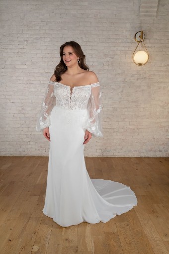 Stella York 7675 $7 (PI-PL) Pure Ivory Gown w Porcelain Tulle Plunge thumbnail