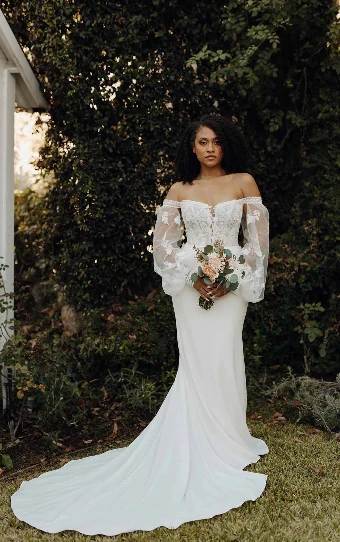 Stella York 7675 $4 (PI-PL) Pure Ivory Gown w Porcelain Tulle Plunge thumbnail
