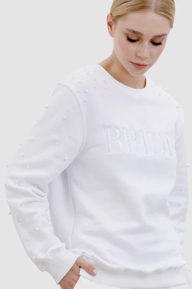 Heirloom Bridal Company #Pearl Sleeve BRIDE Embroidered Sweatshirt Image